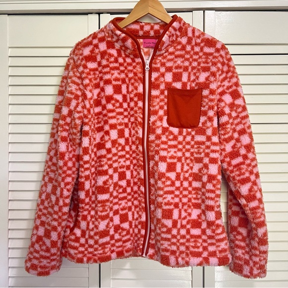 Nicola Bee Pink and Orange Checkerboard Zip front Fleece Jacket, Large - Picture 2 of 10